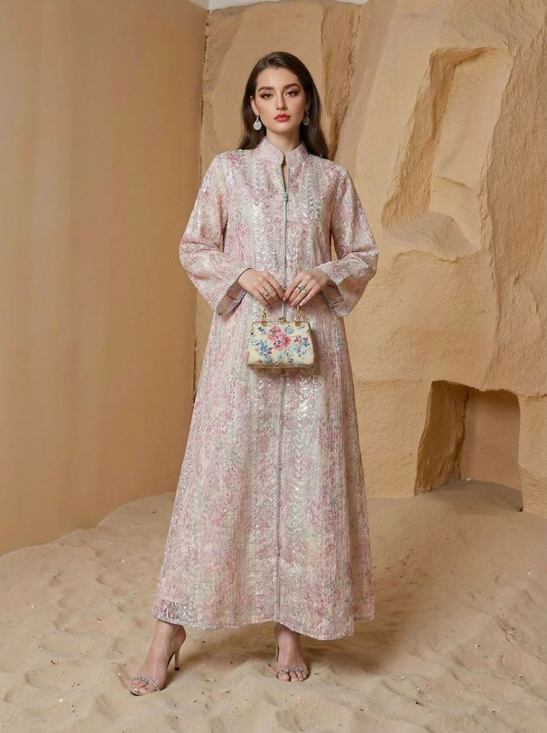 Elegant Floral Print Abaya Dress – Modest Muslim Gown With Dubai-Inspired Arabic Patterns – Long Sleeve Maxi Robe For Women (Pink/Purple, M-XXL)_ecoleips.com