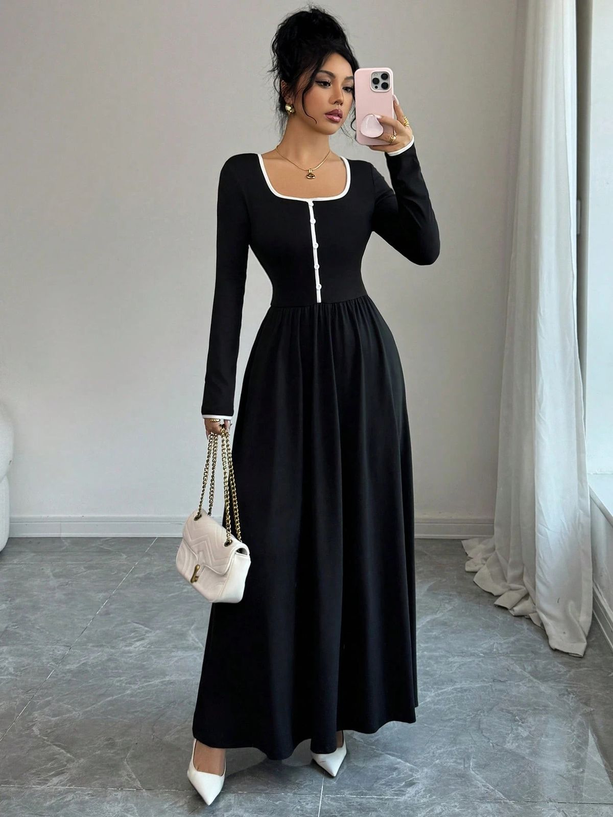 Elegant Black Midi Dress for Women Square Neck Long Sleeve A-Line Flowy Office Wear Daily Casual Dress_ecoleips.com