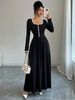 Elegant Black Midi Dress for Women Square Neck Long Sleeve A-Line Flowy Office Wear Daily Casual Dress_ecoleips.com