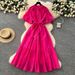Women's Clothing Stand Up Collar Lantern Sleeves Tie Waist Dress For Women Slim Temperament Shiny Ruffled Long Skirt_ecoleips.com