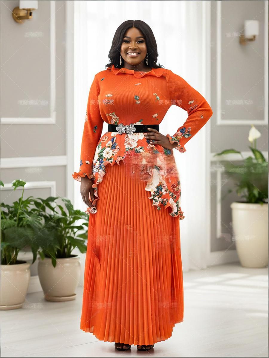 Women's Clothing Plus Size Women's Casual Two Piece Suit Dress Set Pleated Print Fashion Top Long Skirt European American Style_ecoleips.com