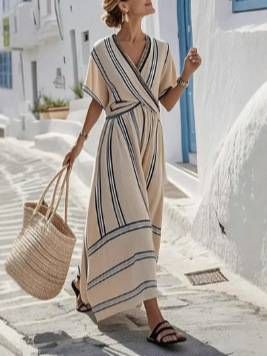Women's Clothing V Neck Dress Striped Pattern Pleated Sleeves Full Skirt Fashion Summer Vacation_ecoleips.com