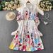 Women's Elegant Floral Print Blouse Dress French Vacation Style Lantern Sleeves Waist Tie Mid-Length A-Line Dress_ecoleips.com