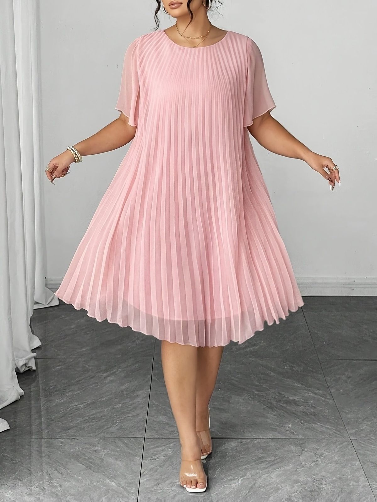Women's Summer Pleated Solid Color Loose Elegant Chiffon Dress_ecoleips.com
