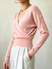 Blush Pink Deep V Wrap Pit Rib Knit Sweater, Loose Lightweight Breathable Soft Skin-touch Long Sleeve Waist Cuff Pullover_ecoleips.com