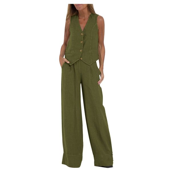 Fashionable Patchwork Cotton Linen Casual Set Vest And Trousers Women's Clothing 2026 European And American Cross Border Hot Selling_ecoleips.com