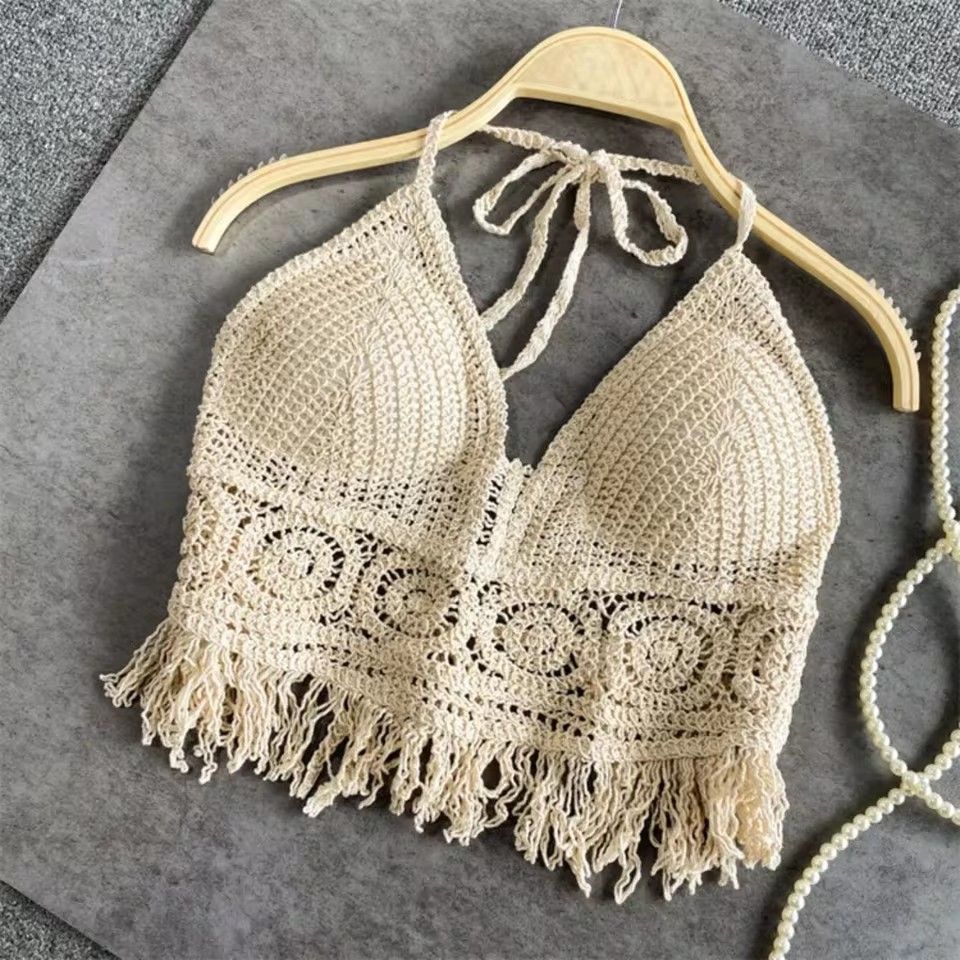 Women Crochet Halter Top Summer Beach Knit Crop Tank Fringe Boho Lace Up Backless Cami Blouse Festival Vacation Wear_ecoleips.com