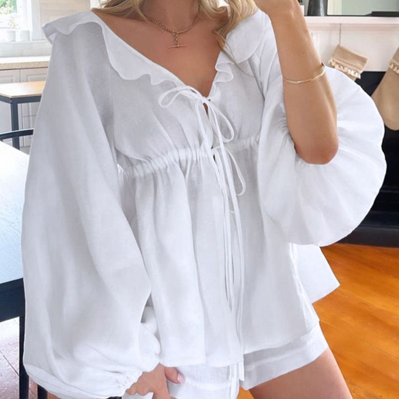 Summer Cotton-Poplin Bubble-Sleeve Fashion Casual Set With V-Neck, Ties, Ruffles, And Loose Comfort_ecoleips.com