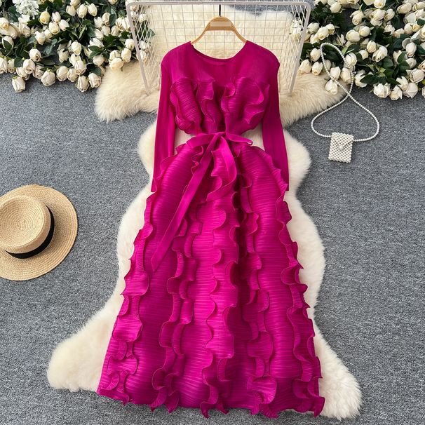Women's Clothing Waist, Round Neck, Long Sleeves, Three Dimensional Lace, Slimming, Temperament, Big Swing Long Skirt_ecoleips.com