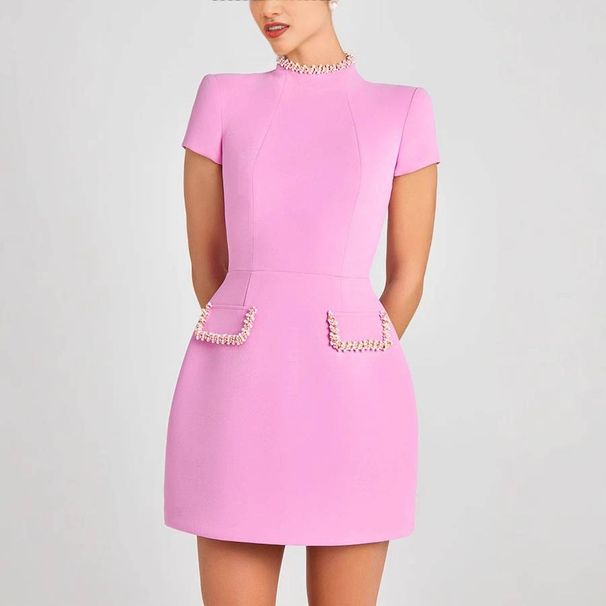 Women's Clothing Slim Round Neck Nail Beaded Short Skirt Dress_ecoleips.com