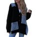Women's Clothing Fashion Loose Knit Cardigan Sweater Coat With Patchwork Design, Casual Long Sleeve Open Front V-Neck, Comfortable Polyester Blend_ecoleips.com