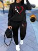 Women's Autumn/Winter Hip Hop Casual Street Heart Pattern Printed Round Neck Sweatshirt+Sweatpants Warm Set-617_ecoleips.com