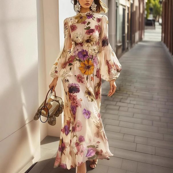Women's Floral Print Wrap Dress Elegant Ruffle Hem Cinched Waist Long Sleeve Maxi Dress Yellow S to XXL_ecoleips.com