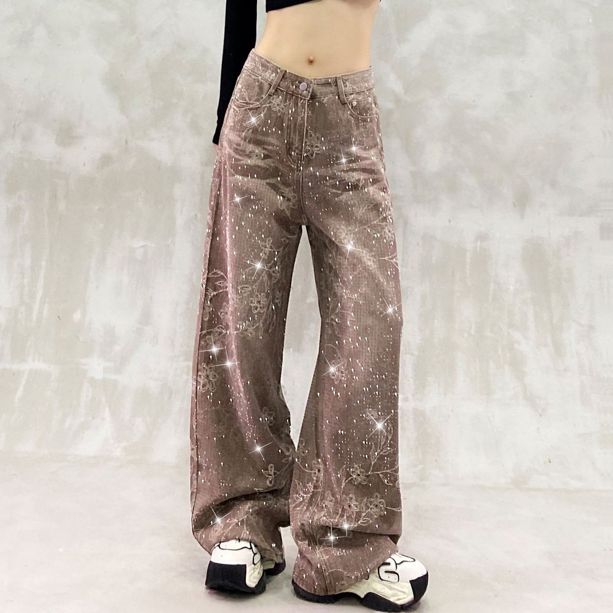 Women's Clothing Women's High-Waisted Straight Leg Jeans Loose Fit Slimming Wide Leg Denim With Starry Sky Rhinestone Print For Autumn_ecoleips.com