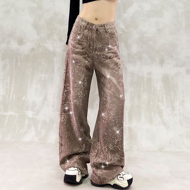 Women's Clothing Women's High-Waisted Straight Leg Jeans Loose Fit Slimming Wide Leg Denim With Starry Sky Rhinestone Print For Autumn_ecoleips.com