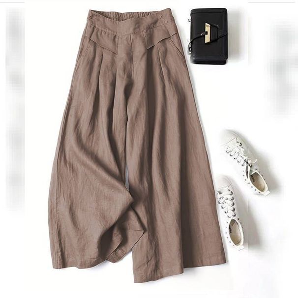 Women's High Waist Wide Leg Pants Loose Fit Cotton Linen Cropped Slimming Semi Elastic Waist Bottoms_ecoleips.com