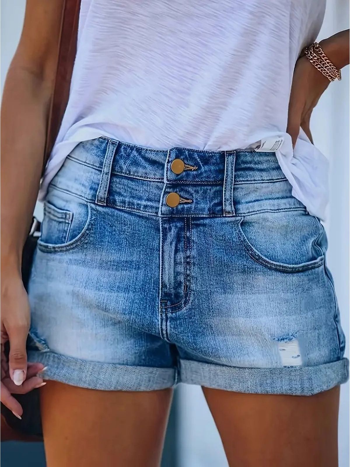 Classic Blue Denim Shorts For Women Double Button Slim Fitting Casual Multi Craftsmanship Design Suitable For All Seasons_ecoleips.com