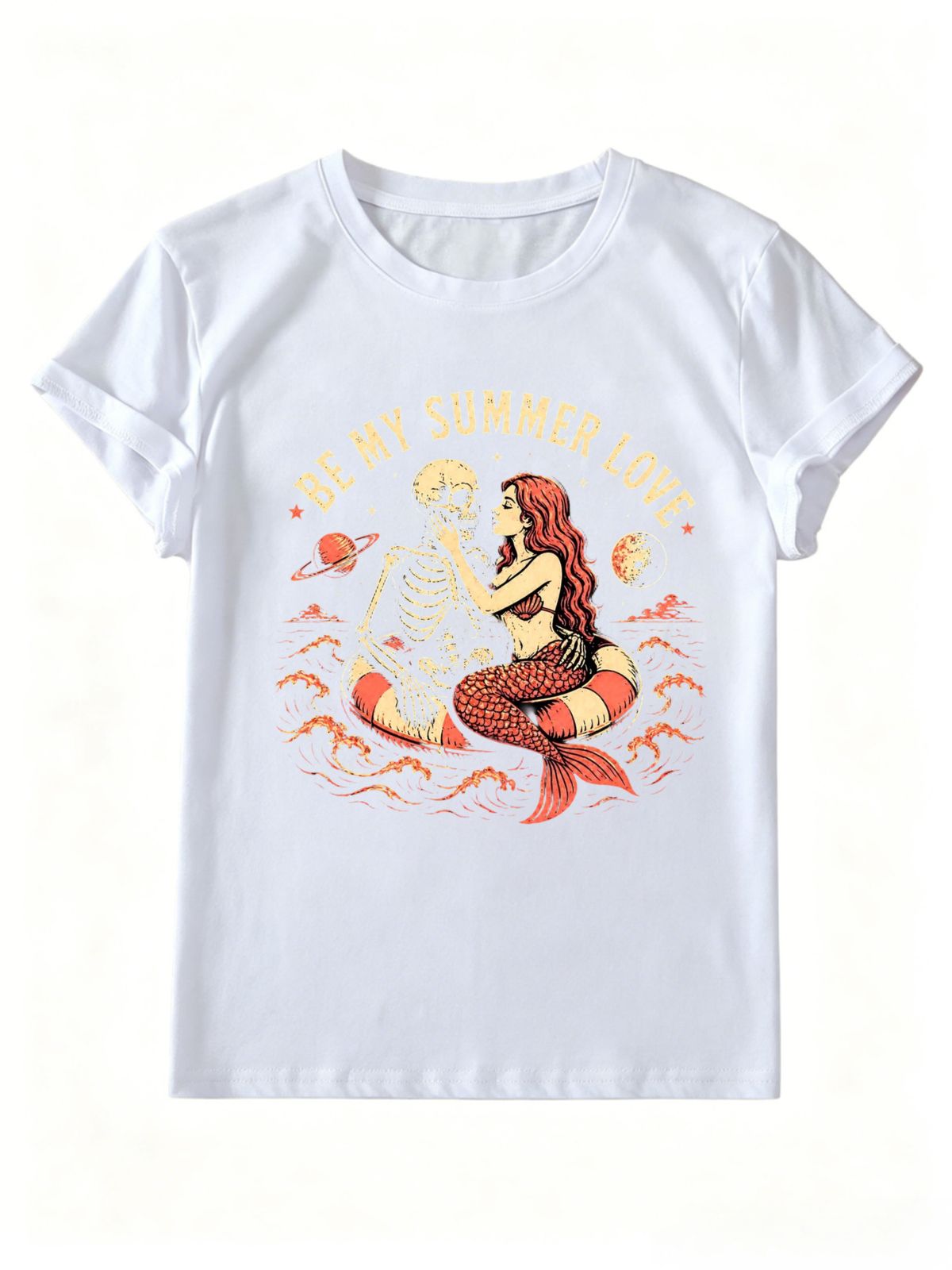 Vintage Skeleton Mermaid Be My Summer Love Graphic Women T-Shirt_ecoleips.com