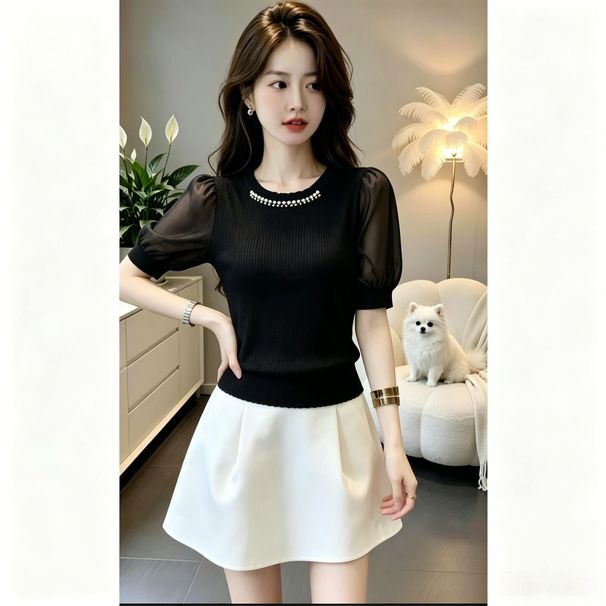 Beaded Round Neck Top For Women 2026 Summer Versatile Simple Elegant Chiffon Spliced Ice Silk Knit Short Sleeve T-Shirt_ecoleips.com