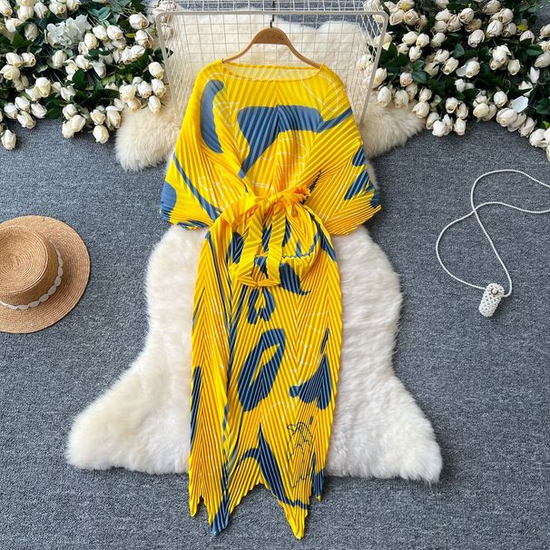 A Niche High-end With Women's Design Sense, Tied Waist, Bat Sleeves, Pleated Printing, Irregular Dress Skirt_ecoleips.com