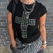 Women's Casual Oversized T-Shirt Asian Cross Print Copper Foil Short Sleeve Comfortable Loose Fit Street Style Top_ecoleips.com