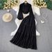 Women's Clothing Elegant Lace Trim Blouse With Lantern Sleeves & High-Waist Pleated Midi Skirt Set - Office Chic, Flowy Fit, 3D Embroidery_ecoleips.com