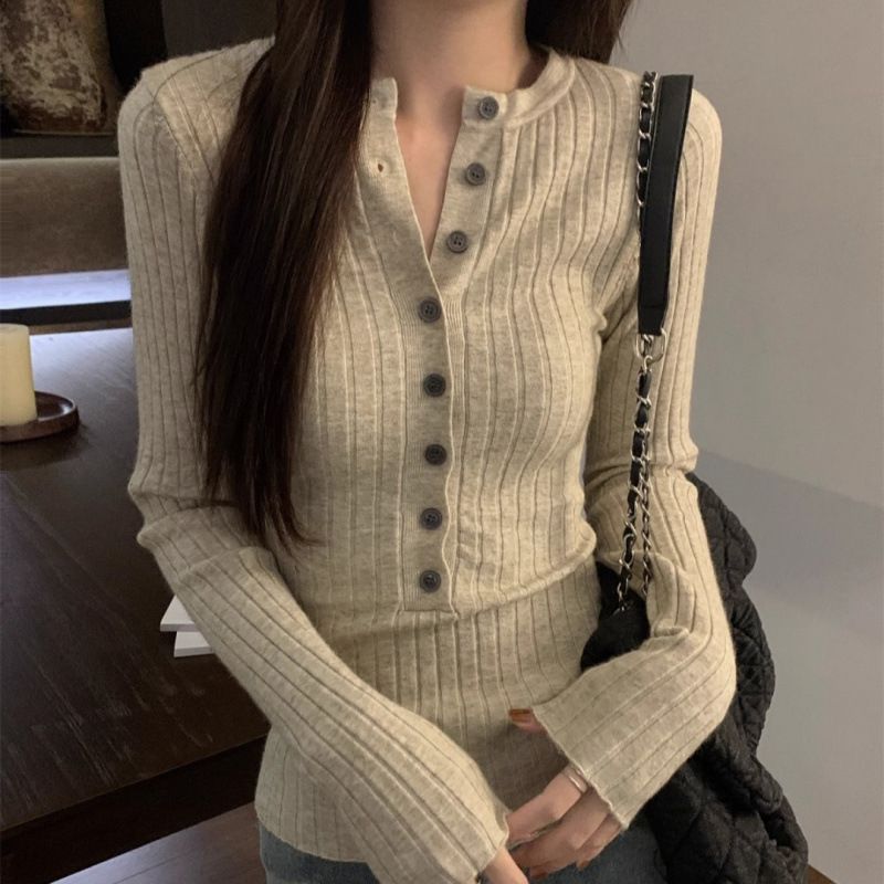 Women's Ribbed Knit Henley Top – Versatile Layering Essential (Breathable Viscose, Slim Fit, All-Season Staple In 7 Classic Colors)_ecoleips.com