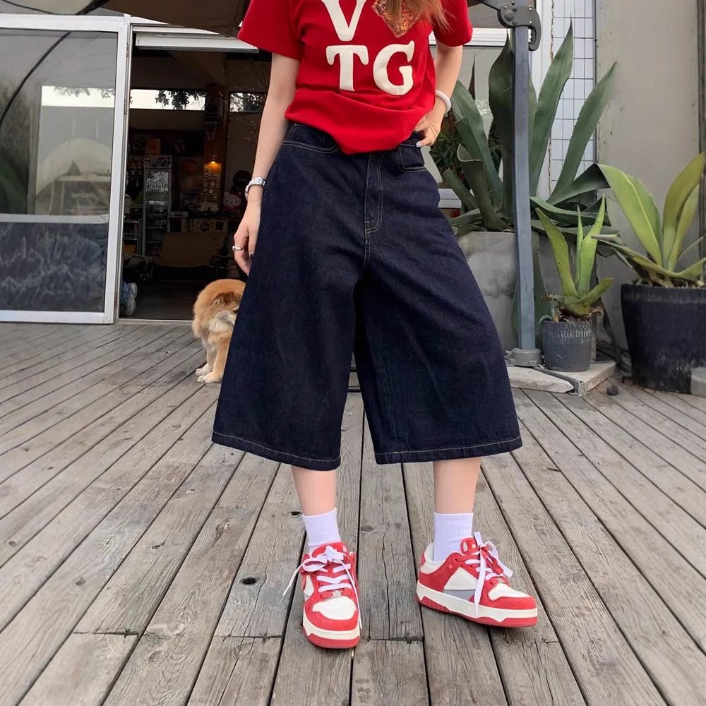 Women's Clothing Women's Retro Letter Print Capri Pants High Street Style Loose Fit Slimming Wide Leg Denim Summer Shorts_ecoleips.com