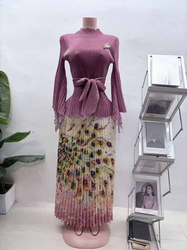 Women's Clothing Printed Two Piece Set Plus Size Loose Fashion New Pleated Skirt_ecoleips.com