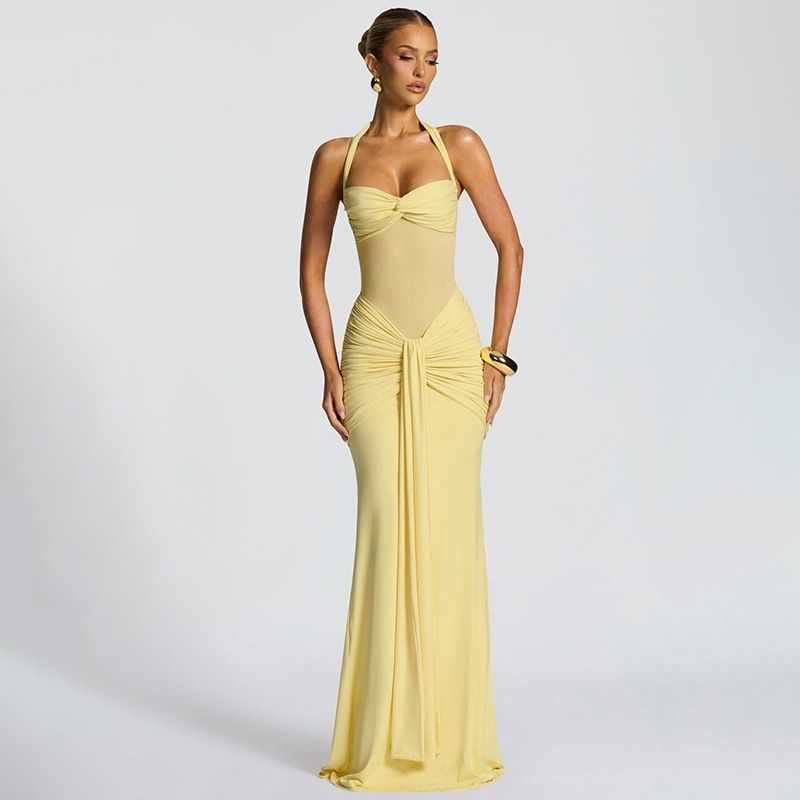 Summer New Women's Halter Neck See through Mesh Splicing Dress Solid Color Tie European American Export 2026_ecoleips.com