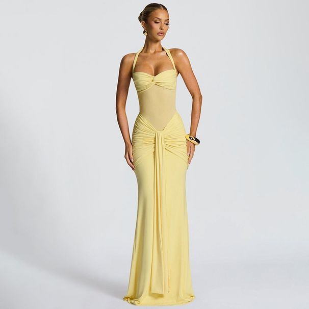 Summer New Women's Halter Neck See through Mesh Splicing Dress Solid Color Tie European American Export 2026_ecoleips.com