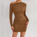 Women's Asymmetrical Neck Off-Shoulder Bodycon Skirt Dress Long Sleeve Pleated Casual Fashion Sexy Gown European American Style_ecoleips.com
