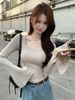 Slim-fit Solid Color T-shirt For Women, Short Design, Unique Style, Stretchy Base Shirt, High-end Feel, Bell-sleeve Top,_ecoleips.com