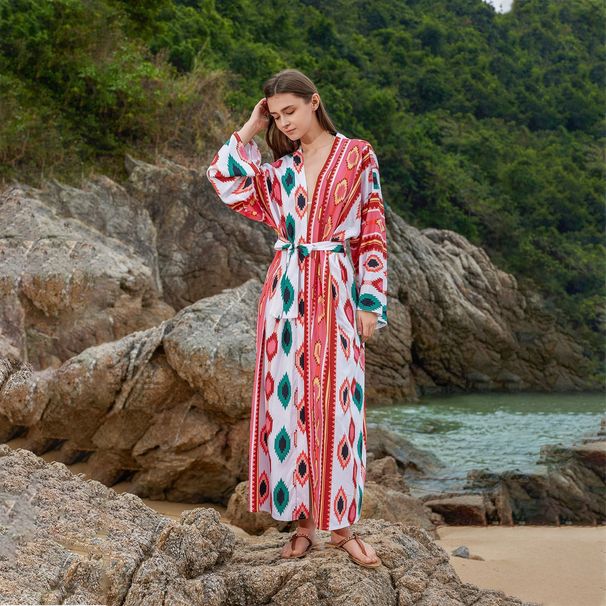 Tropical Beach Cover-Up – Flowy Resort Dress With Bikini Wrap, Sun Protection Swimwear Sheer Mesh Long Sleeve (One Size, Red/Green)_ecoleips.com