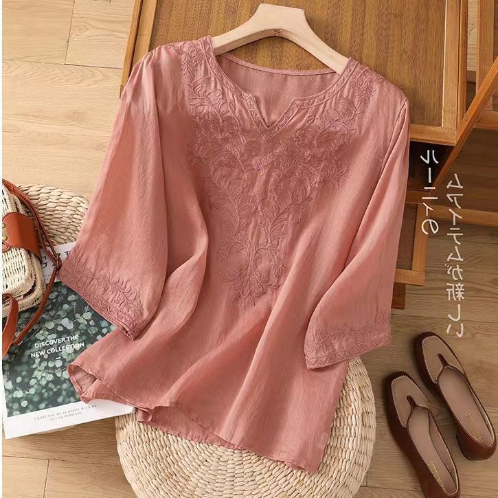 Women's Summer Cotton And Linen Embroidered Short-Sleeved Top With Medium-Length Sleeves; Large Size Available, Loose Fi_ecoleips.com