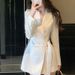 Women's Clothing Champagne Beige Satin Blazer Dress – Korean-Style Belted Midi Jacket (S-XL, Polyester, Tailored Fit, Office & Casual Wear)_ecoleips.com