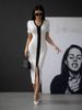 Women's Clothing dress V neck splicing contrast color slim fit fashion temperament elegant dress _ecoleips.com