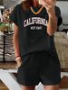 Summer New Blue California Letter Pattern T-shirt, Casual Printed Round Neck Short Sleeved Top With Elastic Waist Pocket, Women's Two-piece Set-285_ecoleips.com