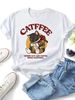 Women Cute Bow Tie Tabby Cat Drinking Coffee Catffee Letter Graphic T Shirt Round Neck Short Sleeve Loose Casual Summer Tops_ecoleips.com