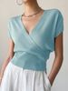 Women Lightweight Breathable Thin Vertical Rib Knit Sweater, Wrap Surplice V Neck Short Sleeve Loose Fit Slim Waist Summer Casual Knitted Top_ecoleips.com