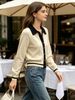 Beige Black Color Block Pit Rib Knit Cardigan, Loose Lightweight Breathable Soft Skin-touch Long Sleeve Polo Collar Knit Jacket_ecoleips.com