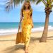 Women's French V Neck Yellow Floral Print Halter Belted Flowy Maxi Dress – Slimming Sweet Summer Gown_ecoleips.com