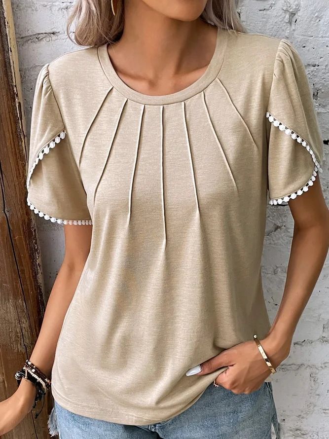 Women's Clothing Summer Women's Round Neck T-Shirt Solid Color Pleated Short Sleeve Lace Casual Top For Formal & Casual For Women_ecoleips.com