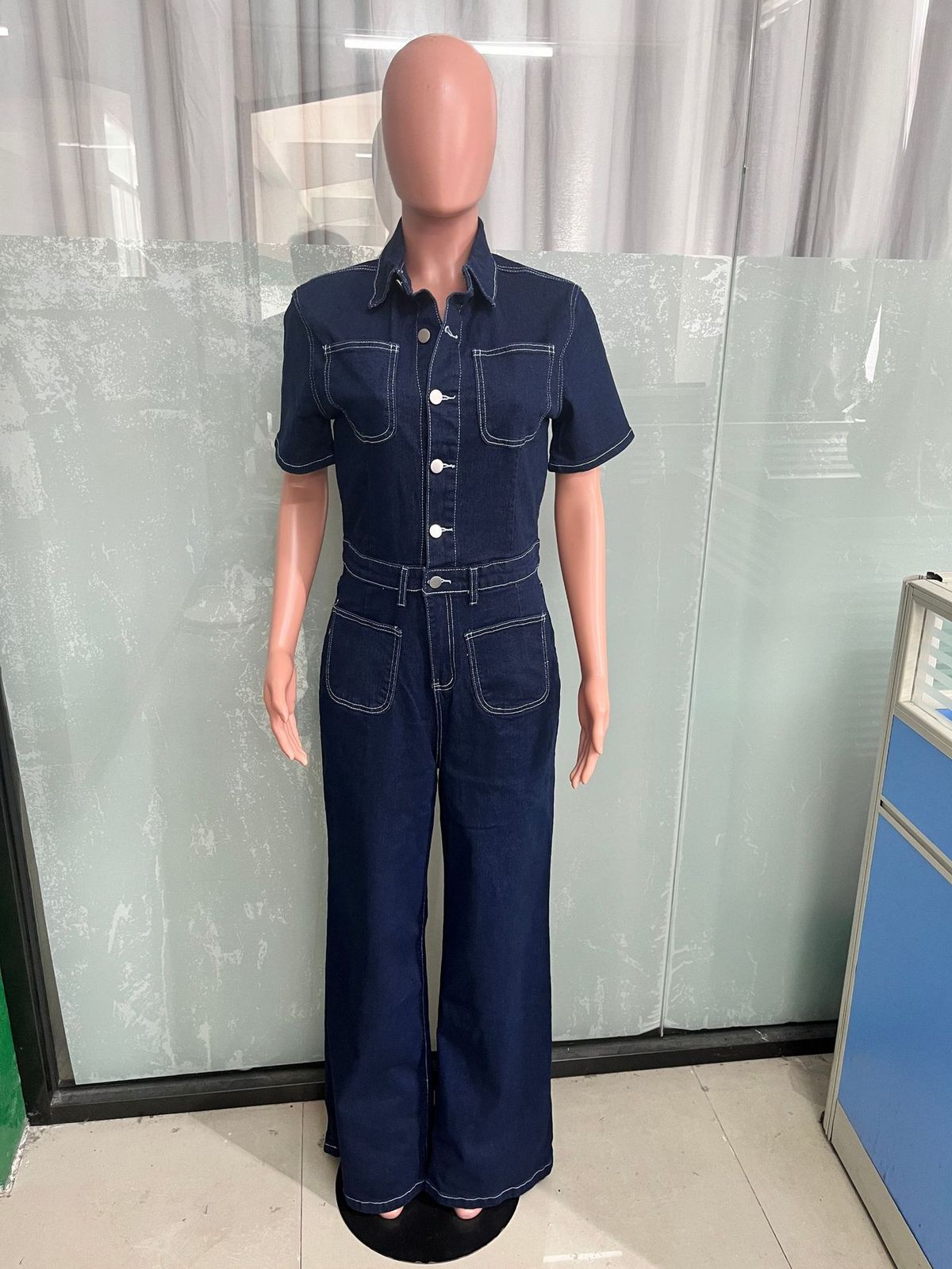 Loose Elastic Flared Washed Short Sleeved Denim Jumpsuit Jumpsuit Wide Leg Pants_ecoleips.com