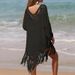 Women's Clothing Holiday Hand Hook Collar Solid Color Splicing Long Sleeves Long Tassels Perspective Loose Sunscreen Sexy Blouse_ecoleips.com