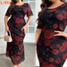 Rose Print Bodycon Dress – Flattering Waist Definition, Elegant & Sexy Summer Dress For Women (0XL-4XL, Plus Size Friendly, Red)_ecoleips.com