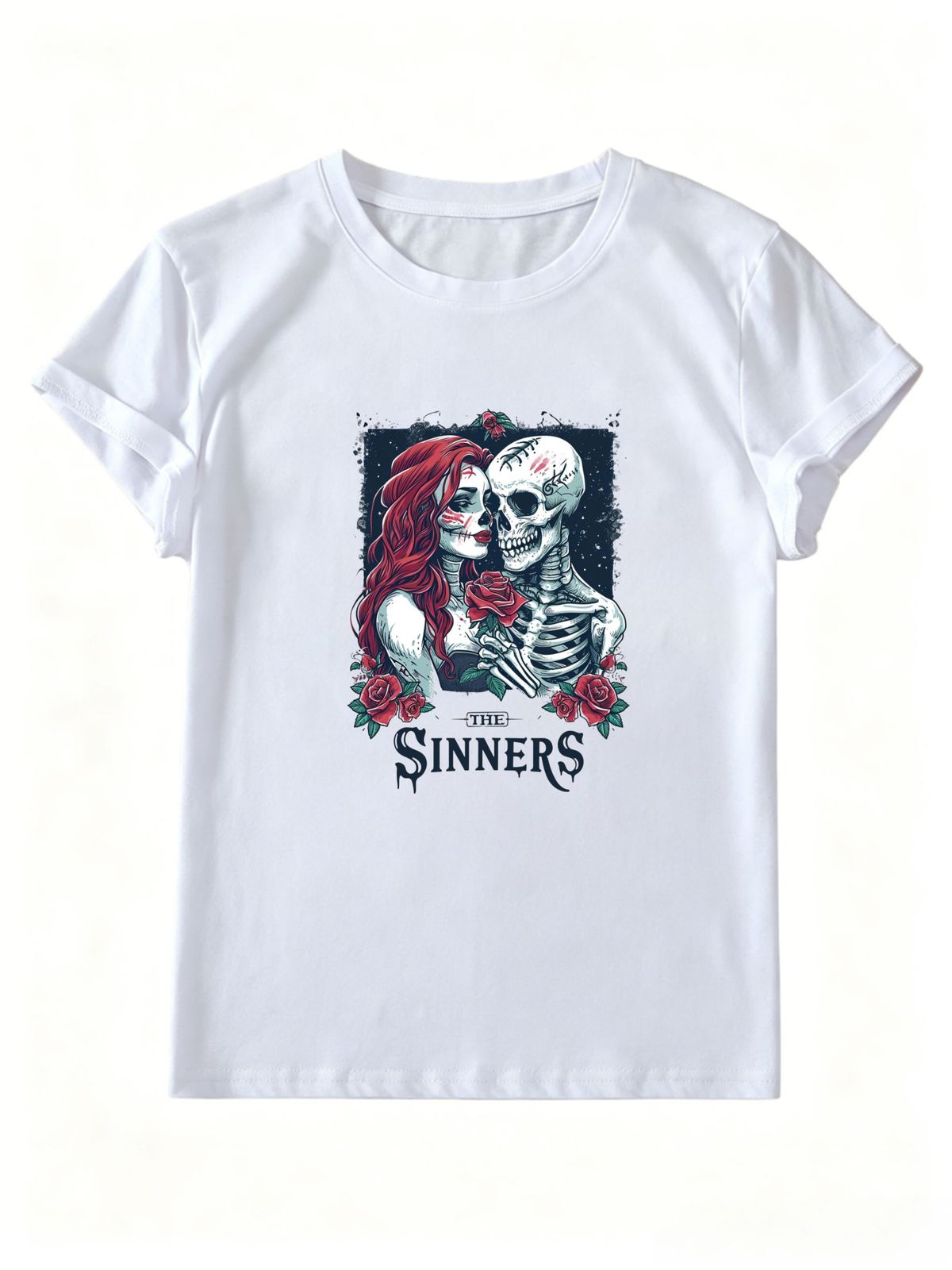 Women Y2K Gothic The Sinners Skeleton Couple Red Rose Graphic T Shirt Sugar Skull Lady Dark Alt Grunge Short Sleeve Crew Neck Summer Streetwear Tee_ecoleips.com