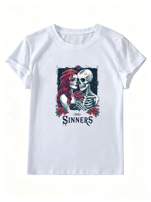 Women Y2K Gothic The Sinners Skeleton Couple Red Rose Graphic T Shirt Sugar Skull Lady Dark Alt Grunge Short Sleeve Crew Neck Summer Streetwear Tee_ecoleips.com