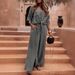 Women's Spring Casual Two Piece Set V Neck Irregular Top Wide Leg Button Design Cotton Pants_ecoleips.com