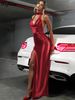 Hugcitar Elegant Halter Solid Sleeveless Ruched Slit Sexy Slim Maxi Prom Dress 2025 Spring Women Clothes Evening Party Festival_ecoleips.com